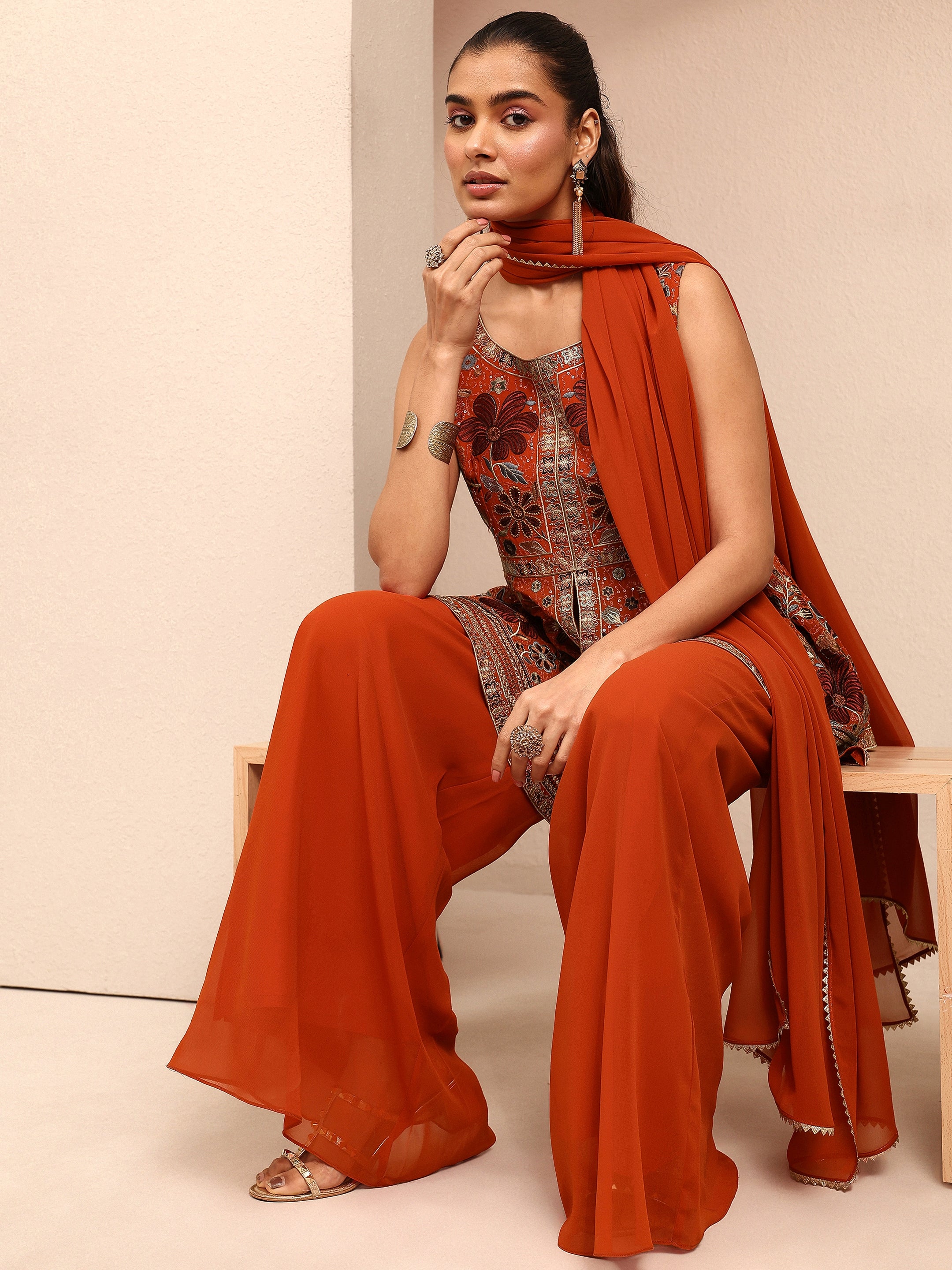 libas Orange Embroidered Georgette A-Line Suit Set With Dupatta-picture-27