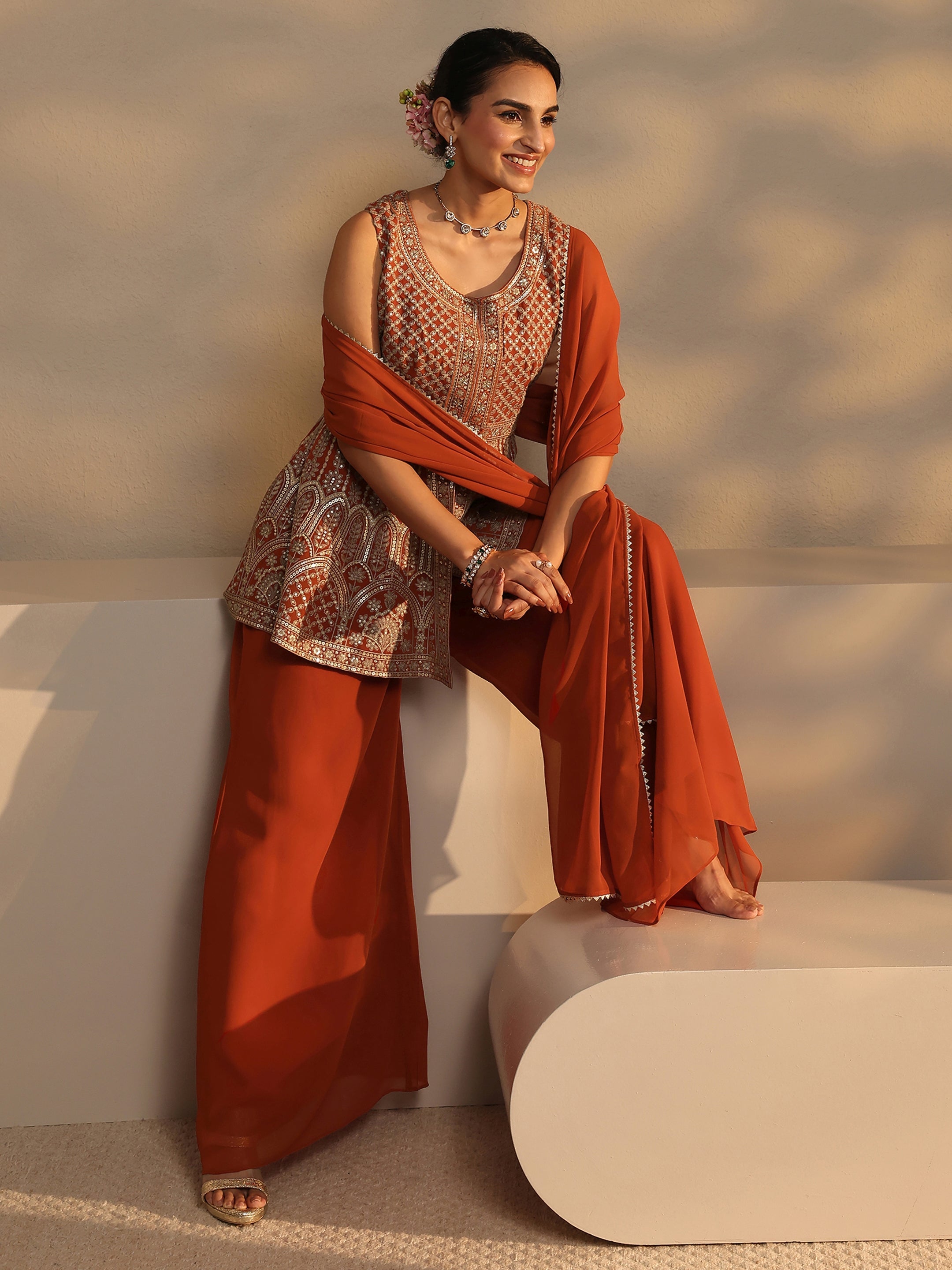 libas Orange Embroidered Georgette Peplum Suit Set With Dupatta-picture-12