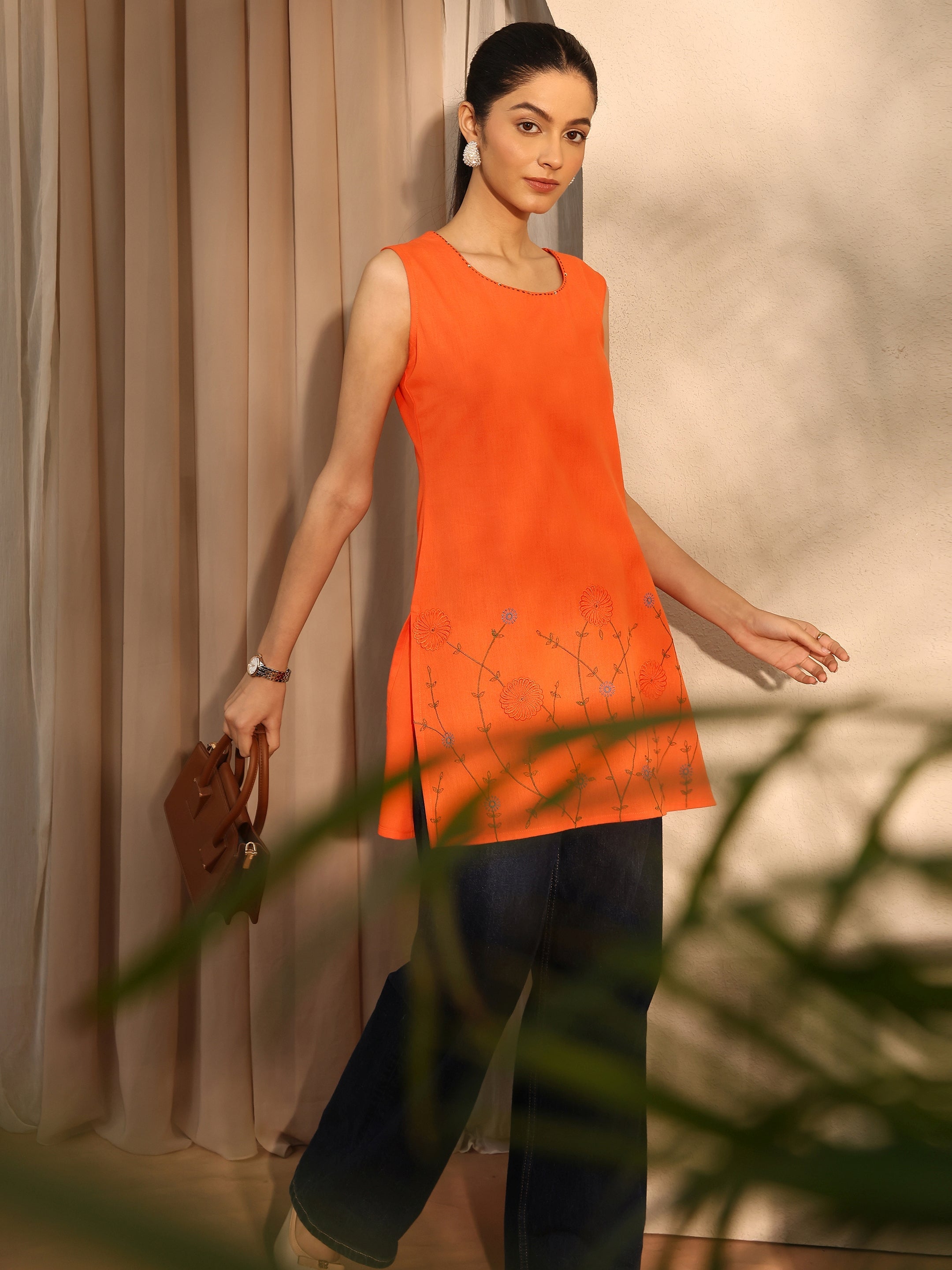 libas Orange Embroidered Linen Straight Short Kurti-picture-29