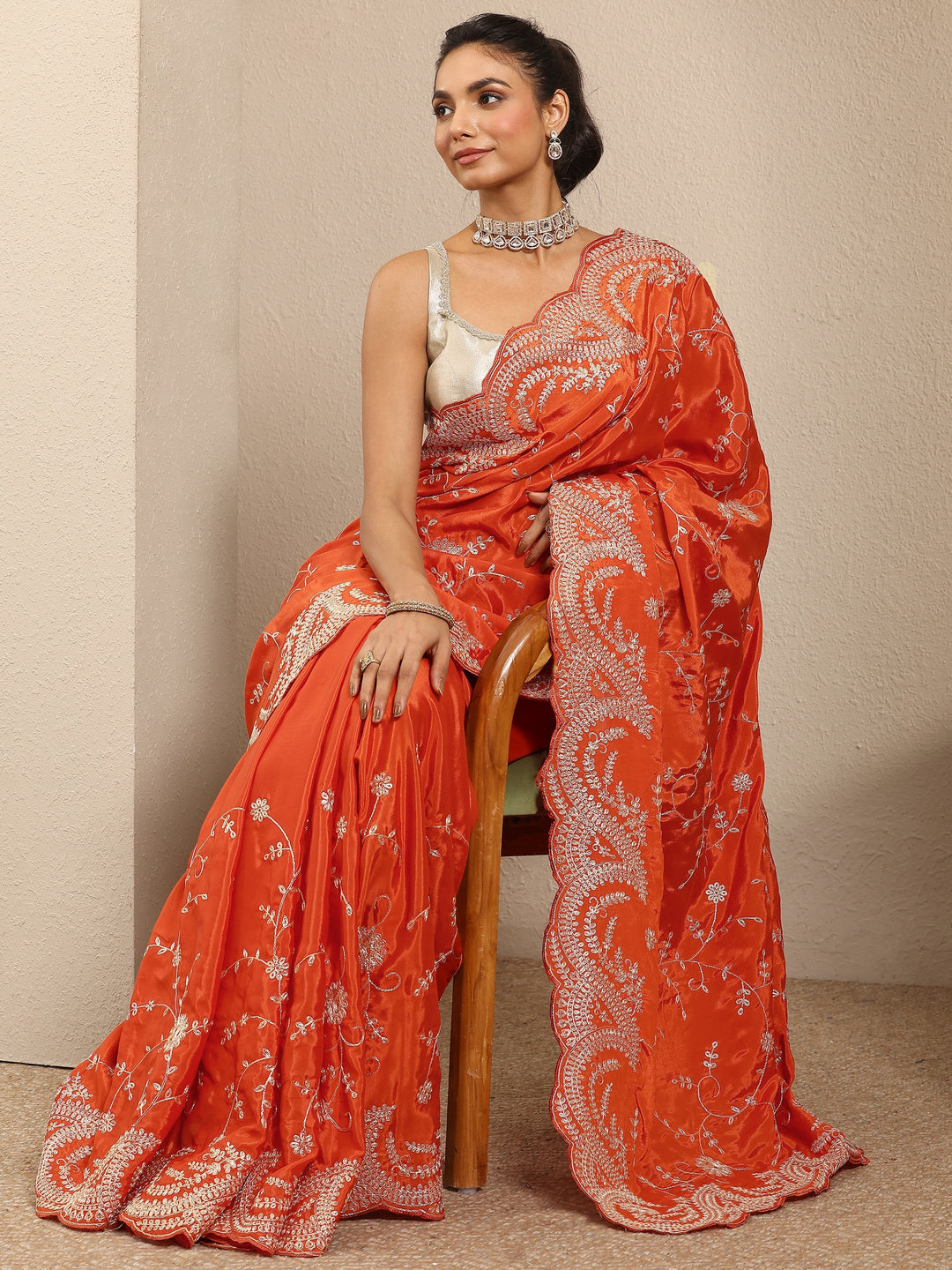 Orange Embroidered Silk Blend Saree With Unstitched Blouse Piece