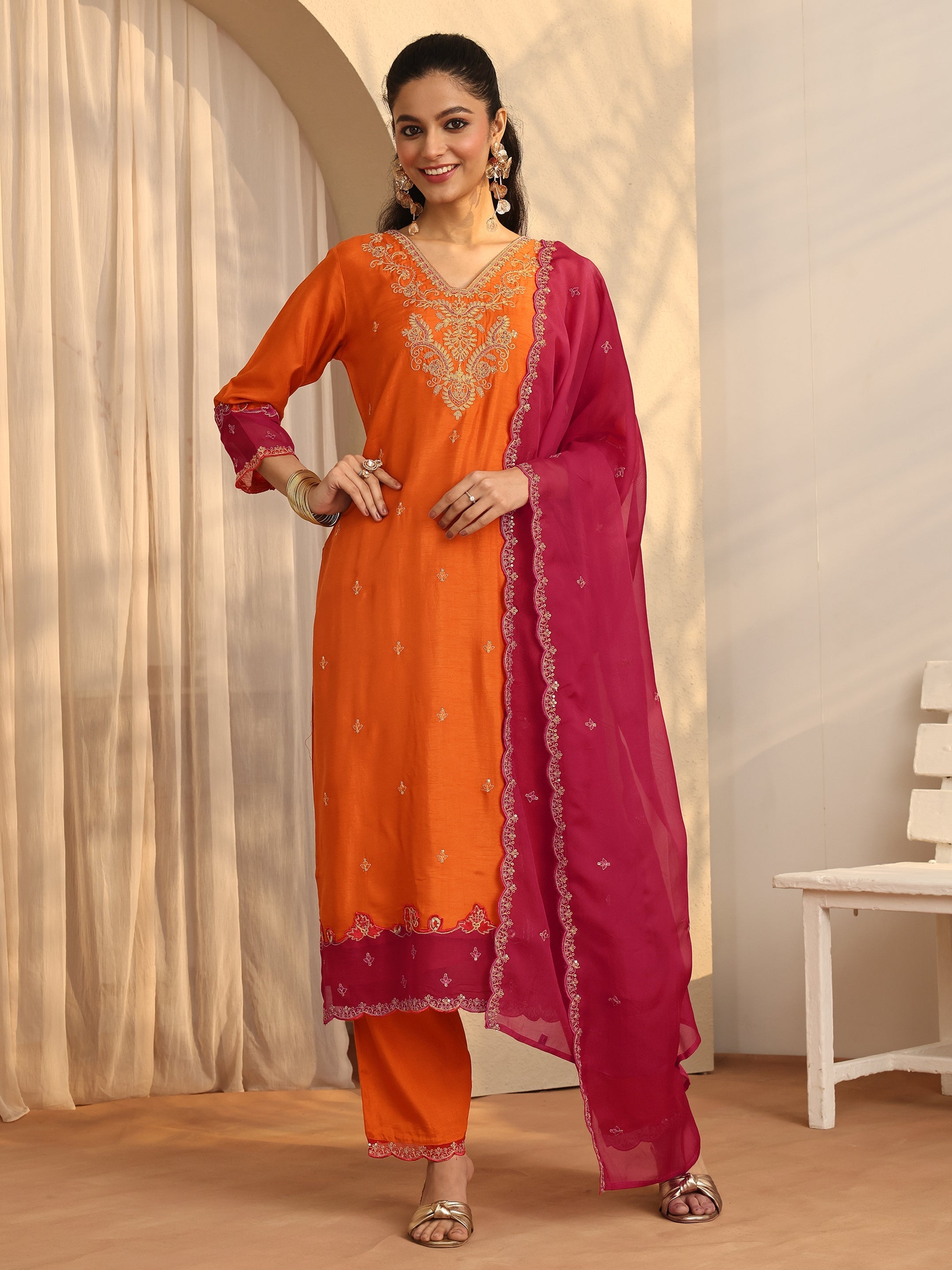 libas Orange Embroidered Silk Blend Straight Suit Set With Dupatta-picture-57