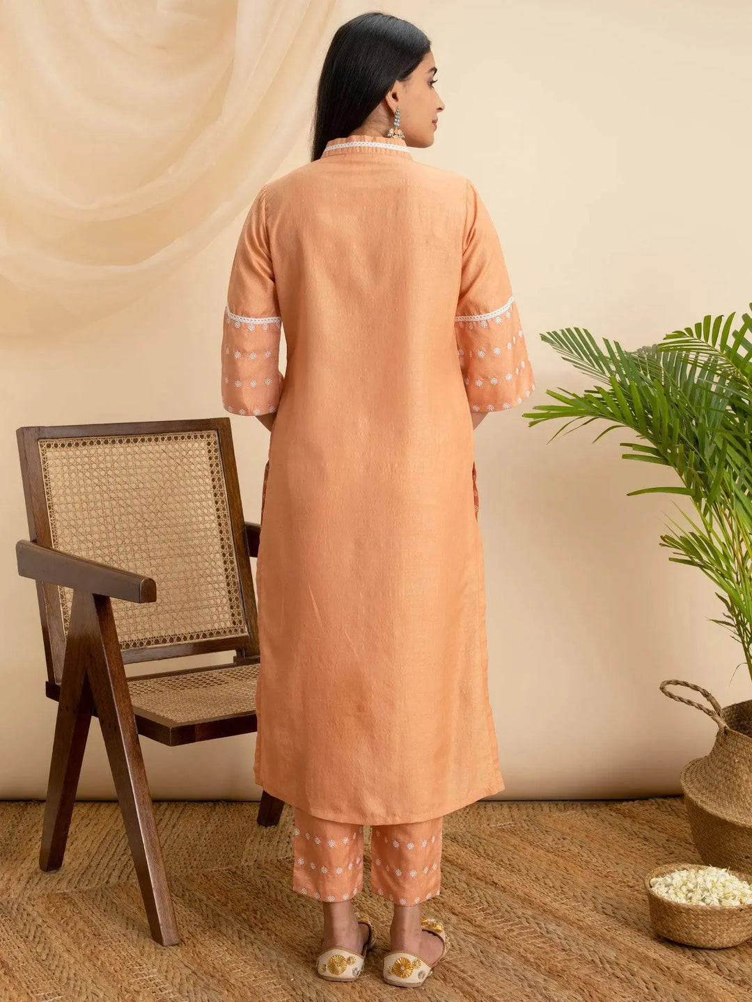 Orange Embroidered Silk Kurta - Libas 