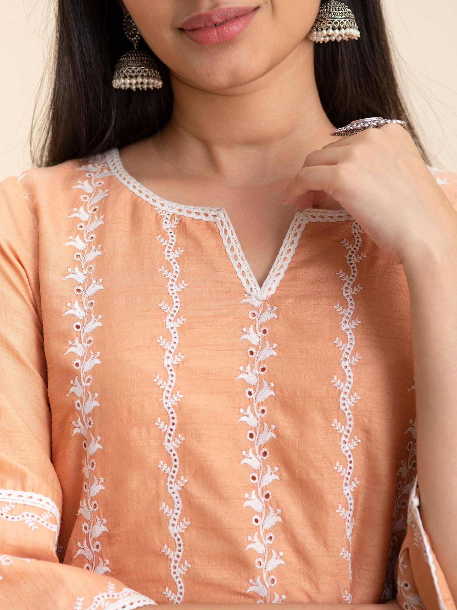 Orange Embroidered Silk Kurta