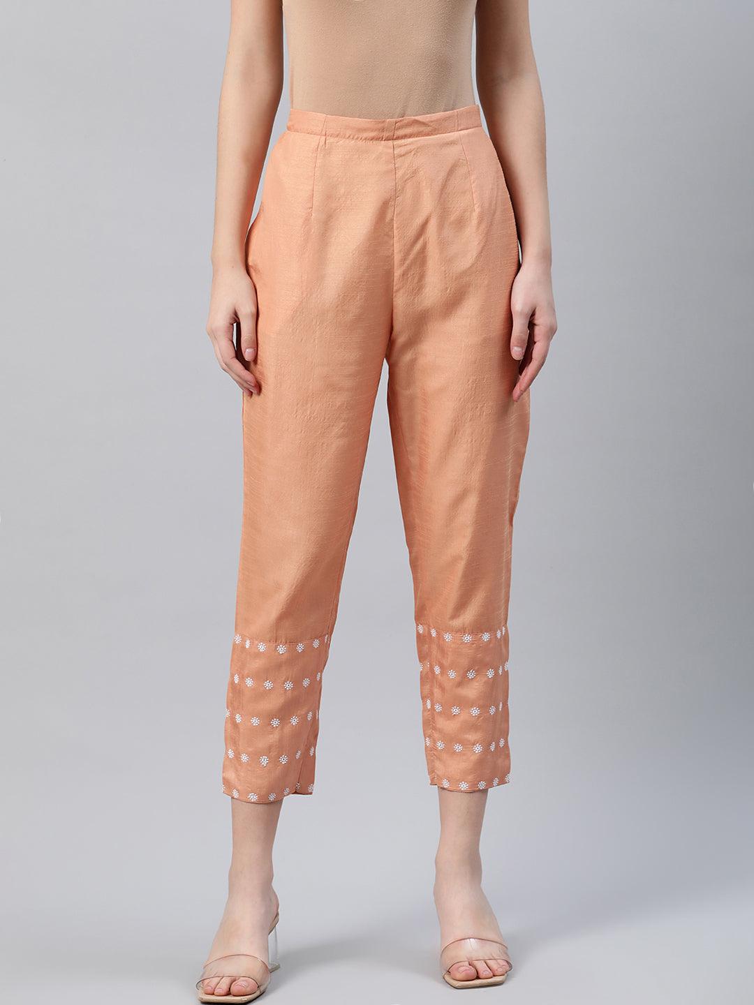 Orange Embroidered Silk Trousers - Libas