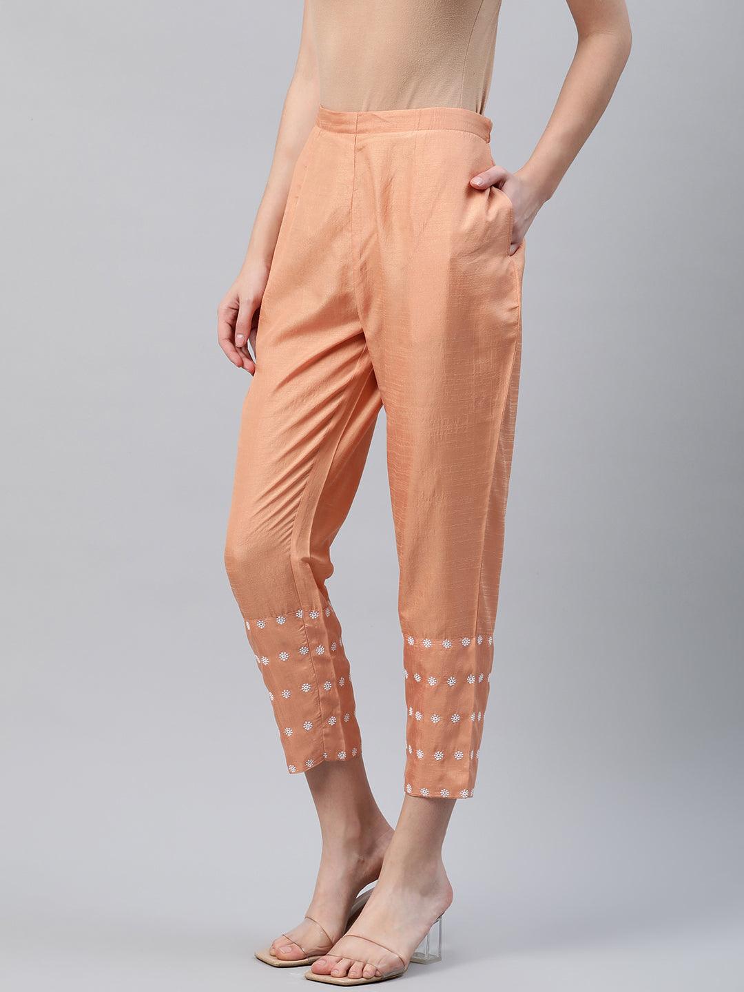 Orange Embroidered Silk Trousers
