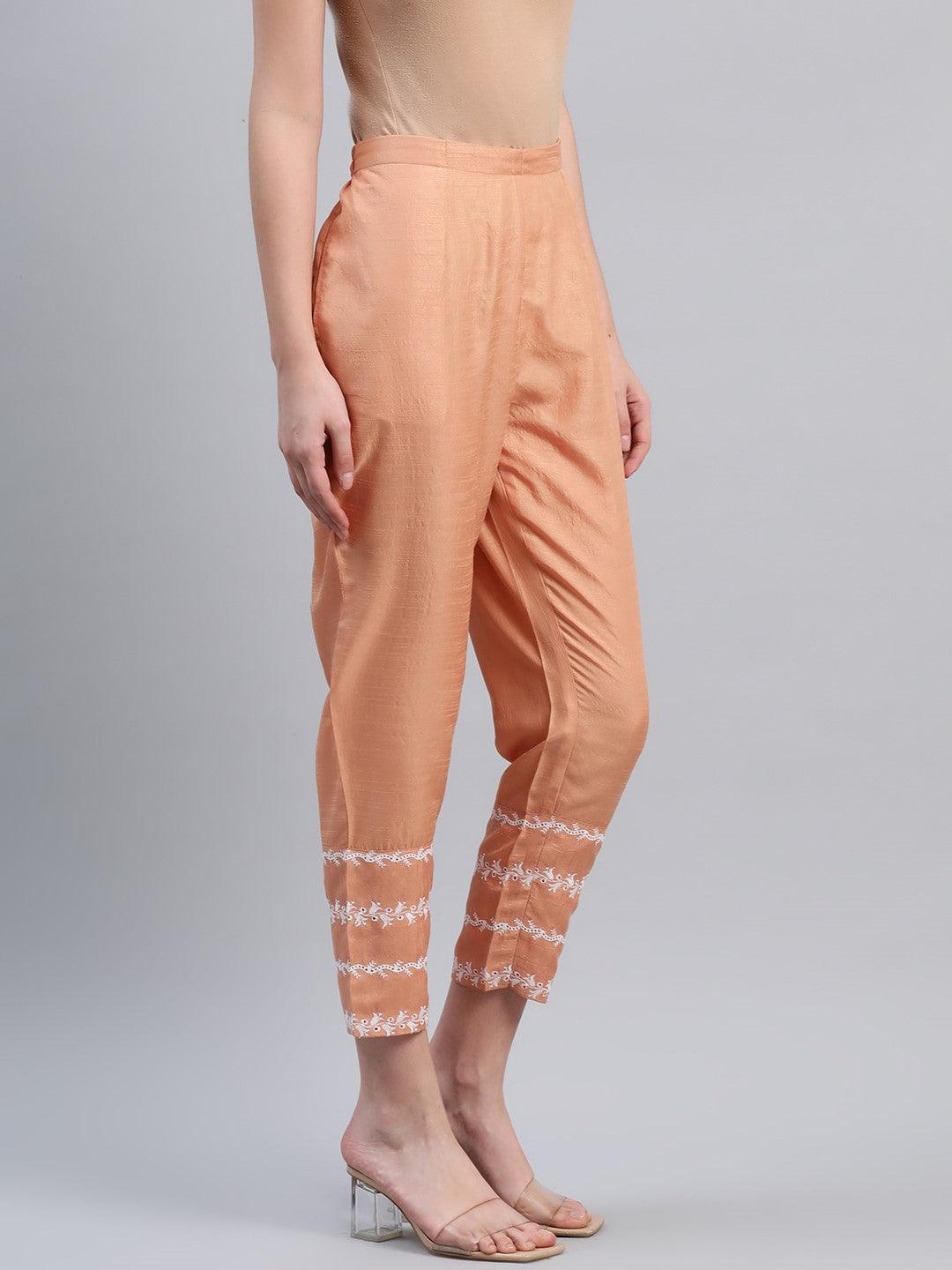 Orange Embroidered Silk Trousers