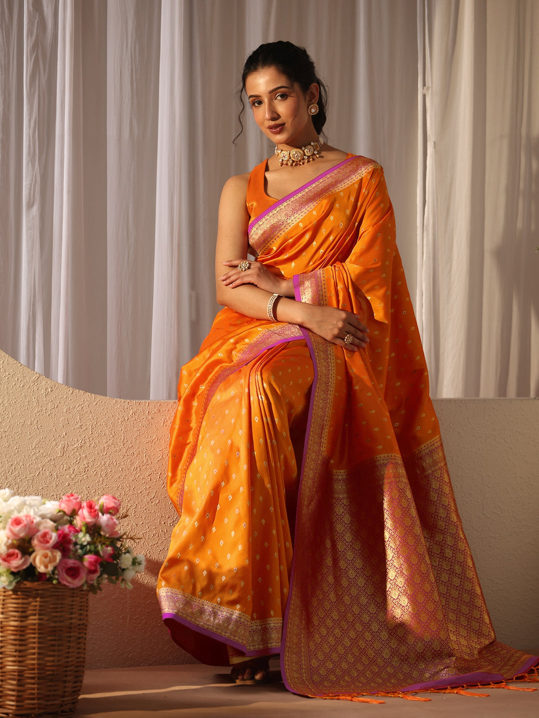 Orange Ethnic Motif Self Design Silk Blend Saree