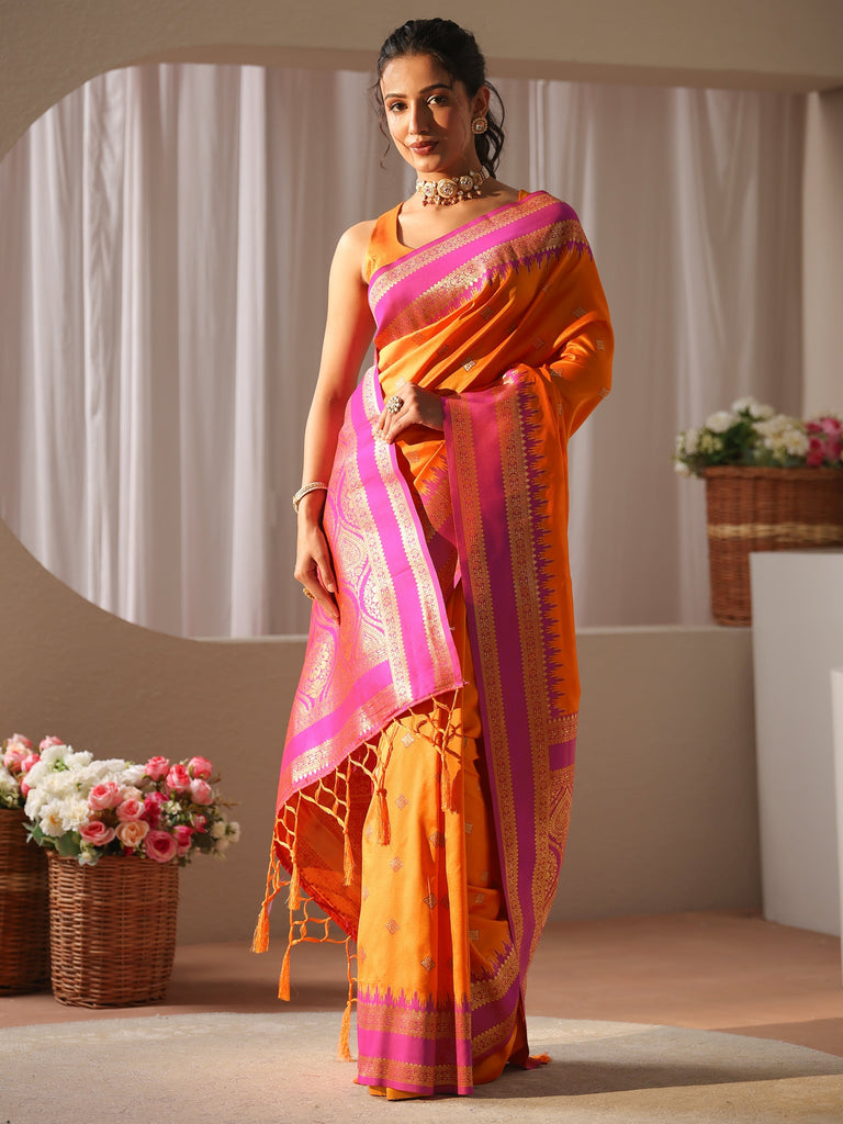 Libas Orange Kanjeevaram Silk Blend Saree