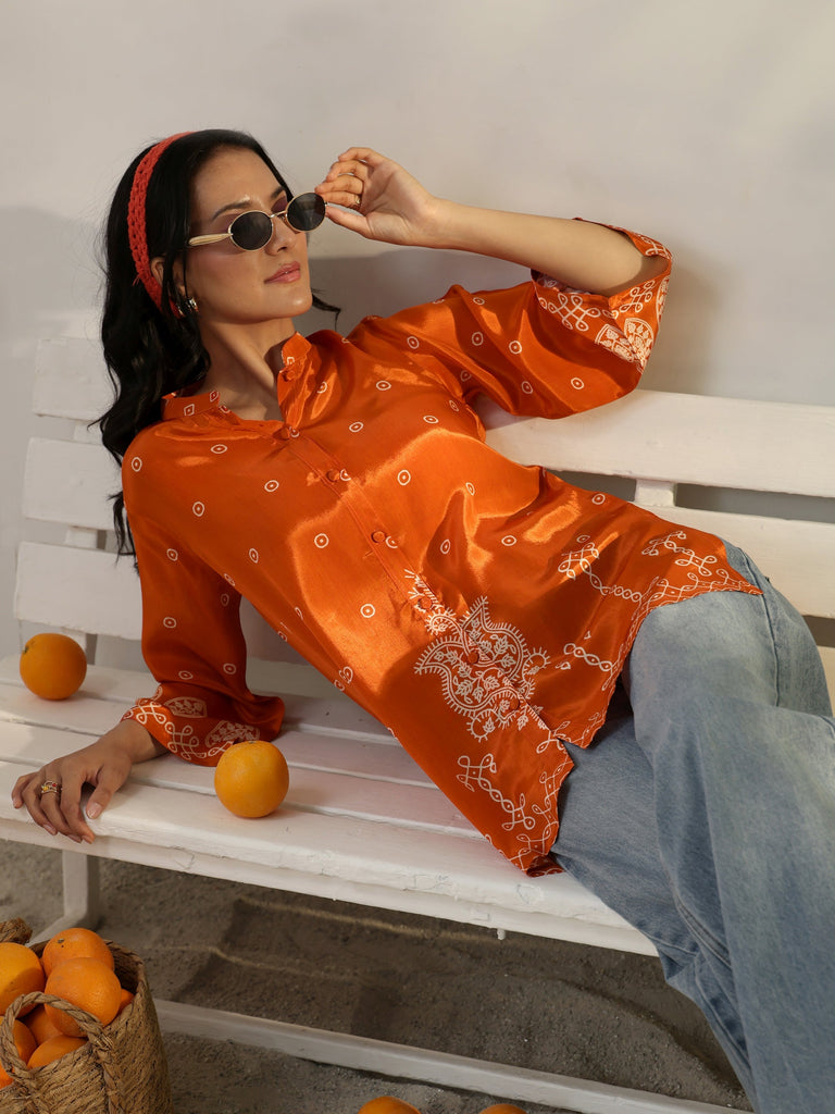Libas Orange Ethnic Printed Crepe Shirt