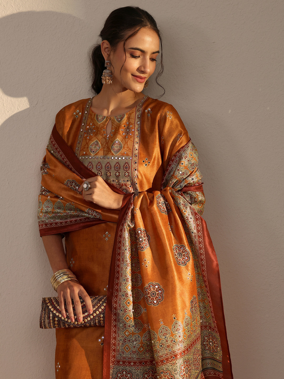  Orange Ethnic Printed Silk Blend Straight Suit Set With Dupatta 