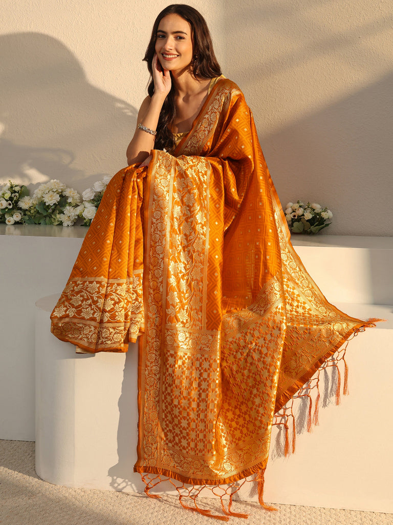 Libas Orange Ethnic Woven Design Silk Blend Saree With Unstitched Blouse Piece
