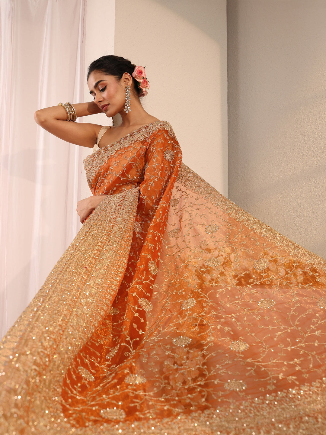 Orange Floral Embellished Net Saree With Unstitched Blouse Piece