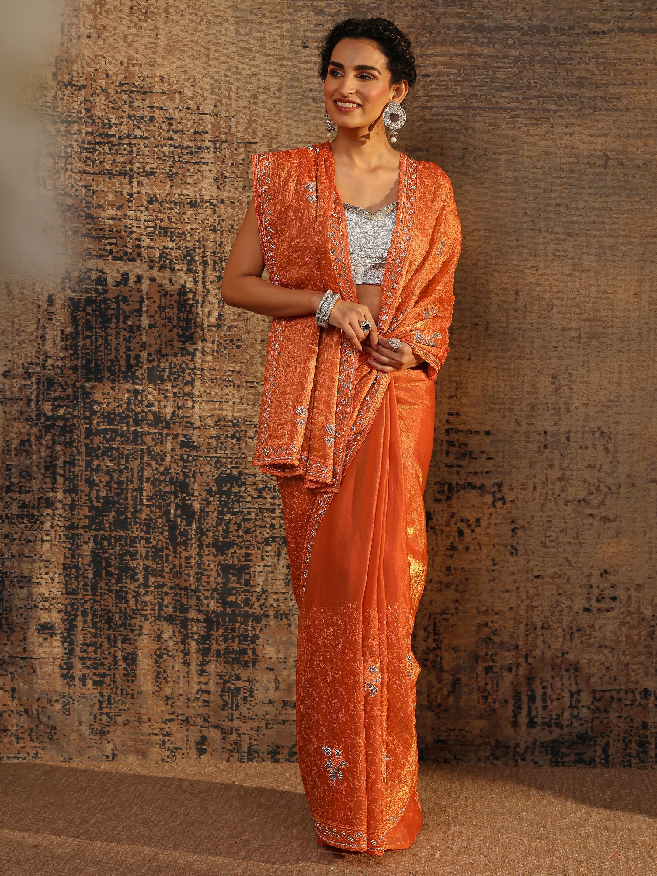 Orange Floral Embellished Tissue Saree With Unstitched Blouse Piece-image-21
