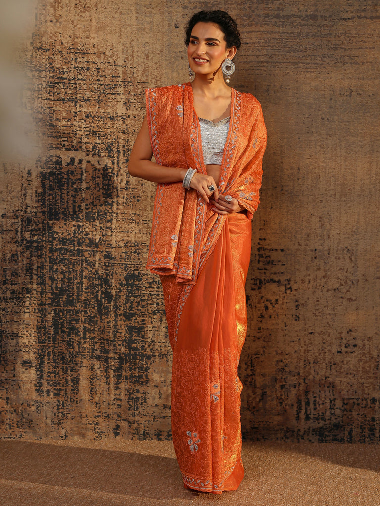 Libas Orange Floral Embellished Tissue Saree With Unstitched Blouse Piece
