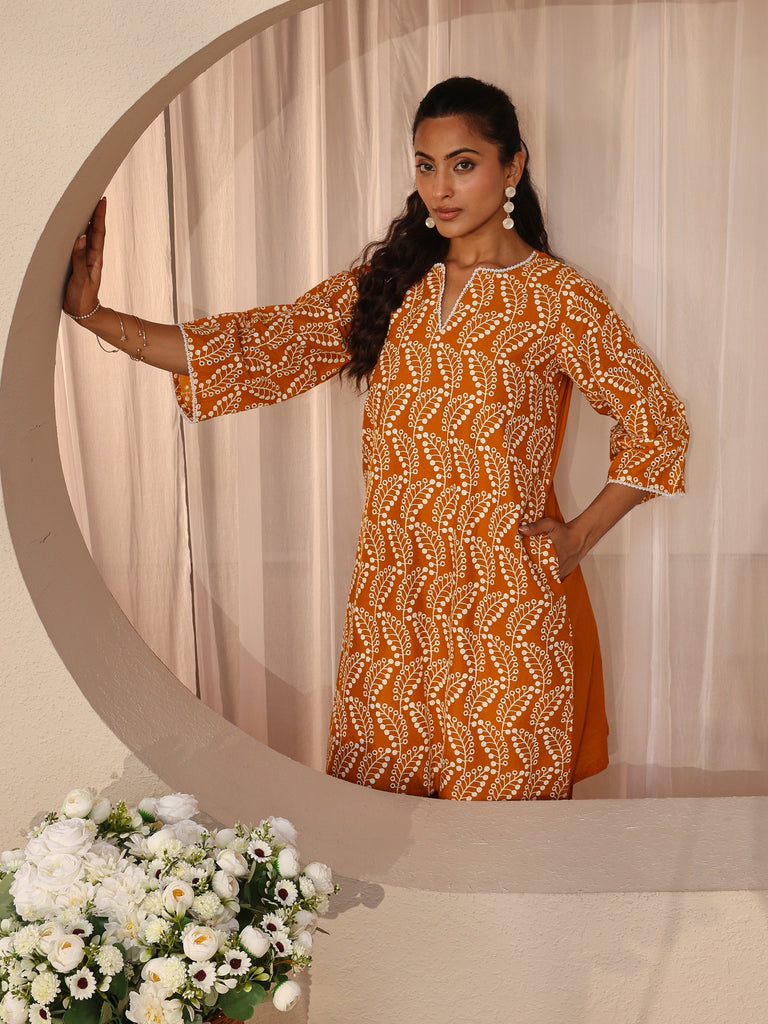 Libas Orange Floral Embroidered Cotton Straight Kurta Set