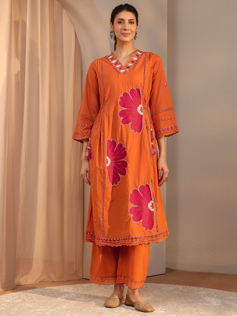 Libas Orange Floral Embroidered Cotton Straight Suit Set With Dupatta