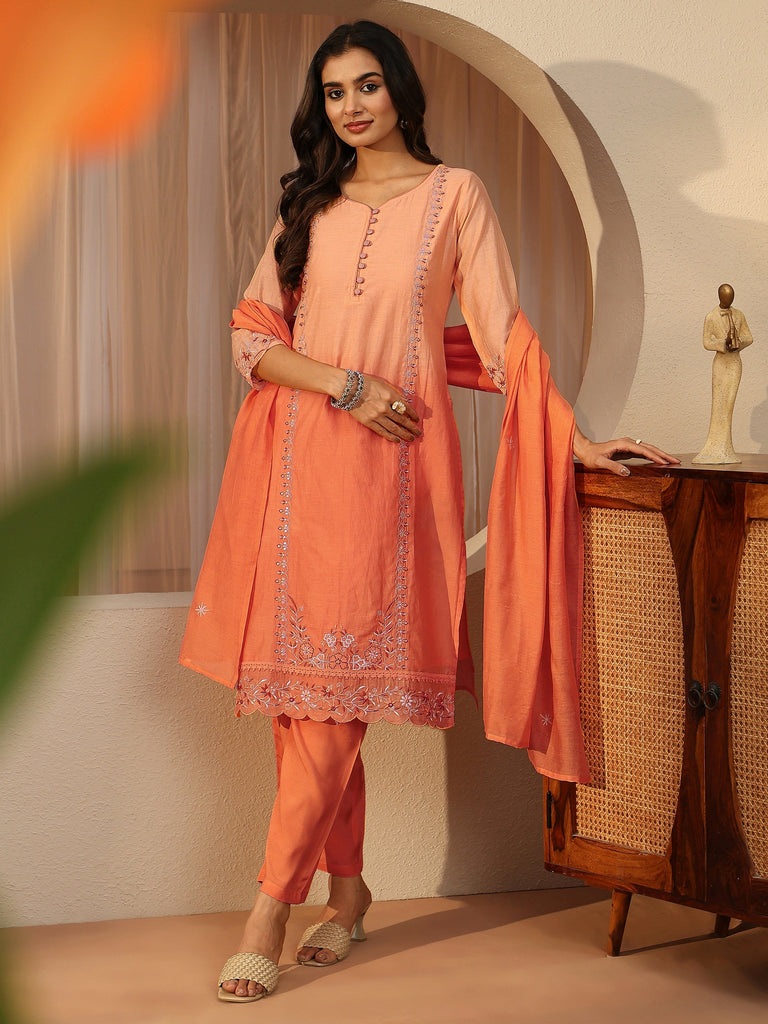 Libas Orange Floral Embroidered Silk Blend Straight Suit Set