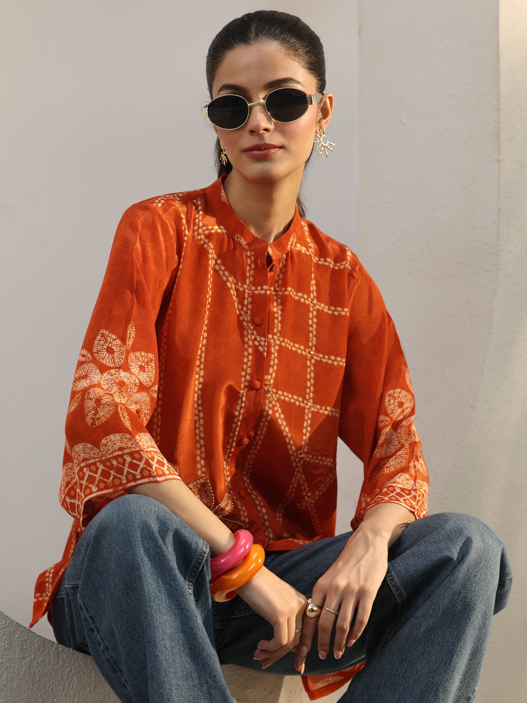 Orange Floral Printed Crepe Shirt 