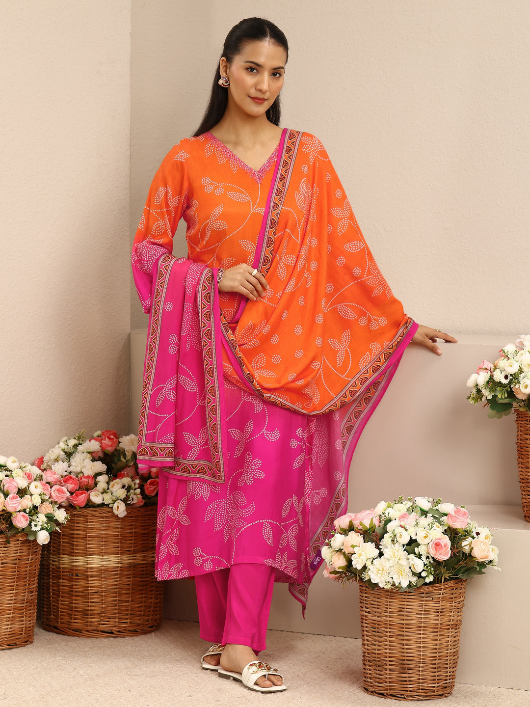  Orange Floral Printed Muslin Straight Suit Set With Dupatta 