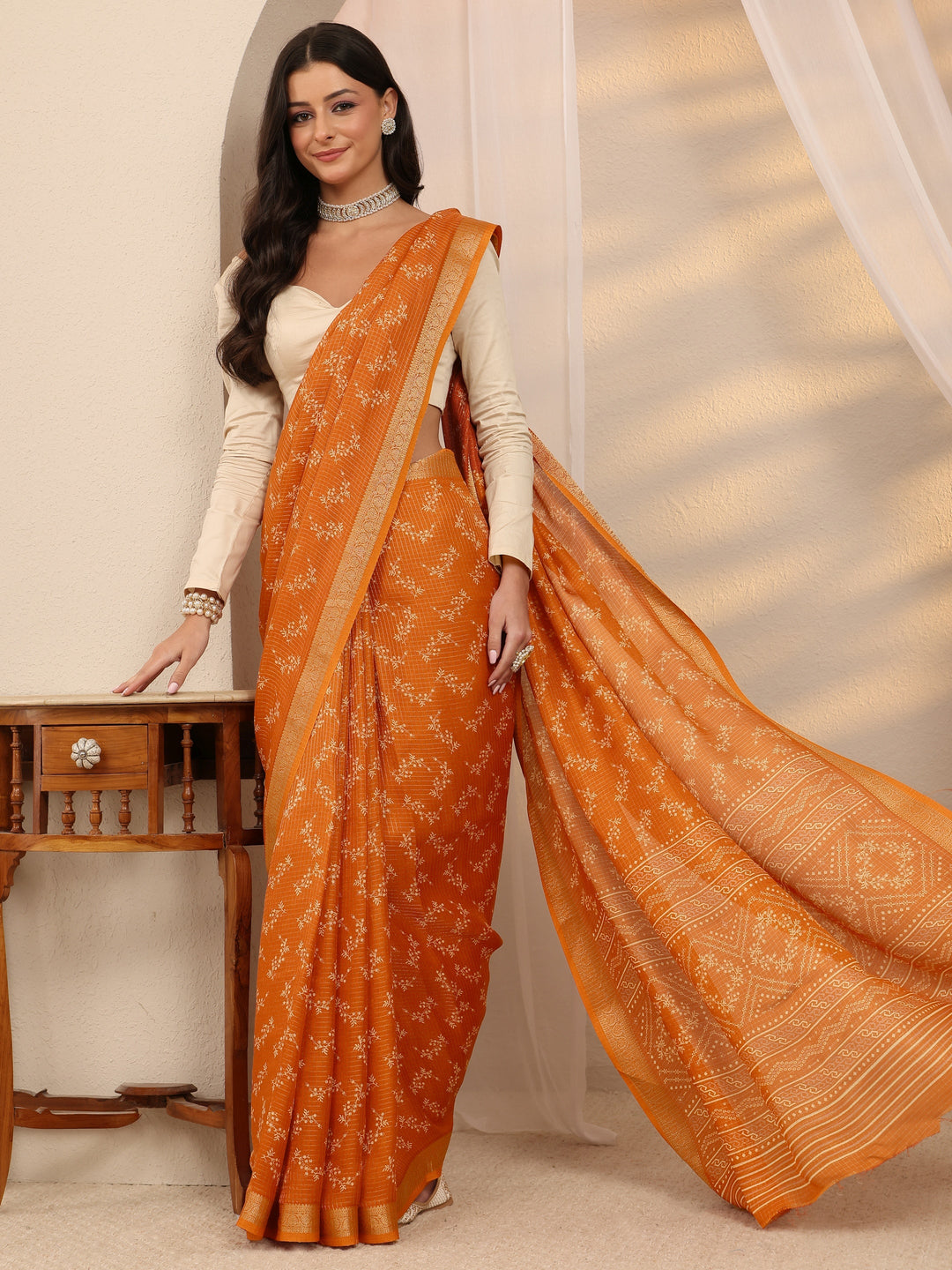 Orange Floral Printed Silk Blend Saree 
With Unstitched Blouse Piece