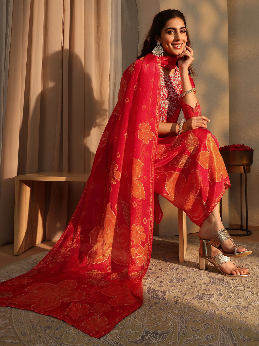  Orange Floral Printed Silk Crepe Straight Suit Set With Dupatta 