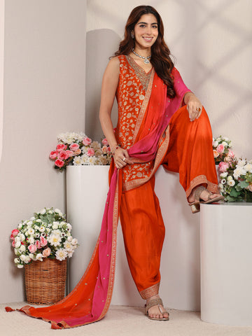 Orange Floral Woven Design Silk Blend Straight Suit Set With Dupatta