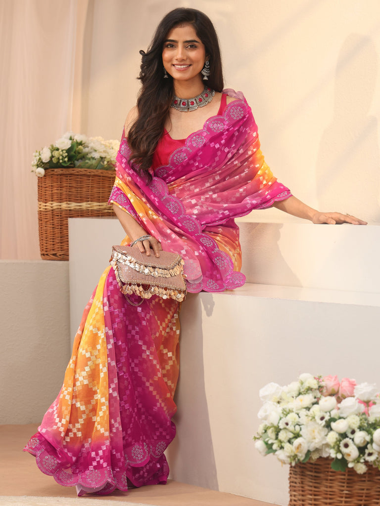 Libas Orange Geometric Woven Design Georgette Saree