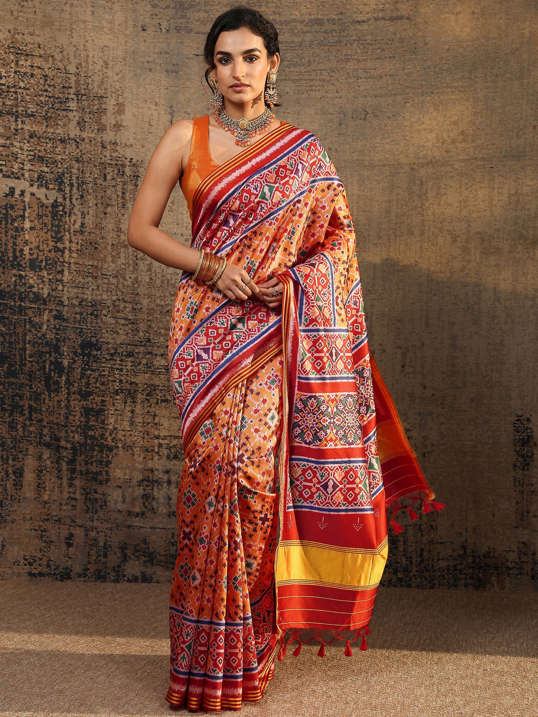  Orange Ikat Printed Silk Saree With Unstitched Blouse Piece 