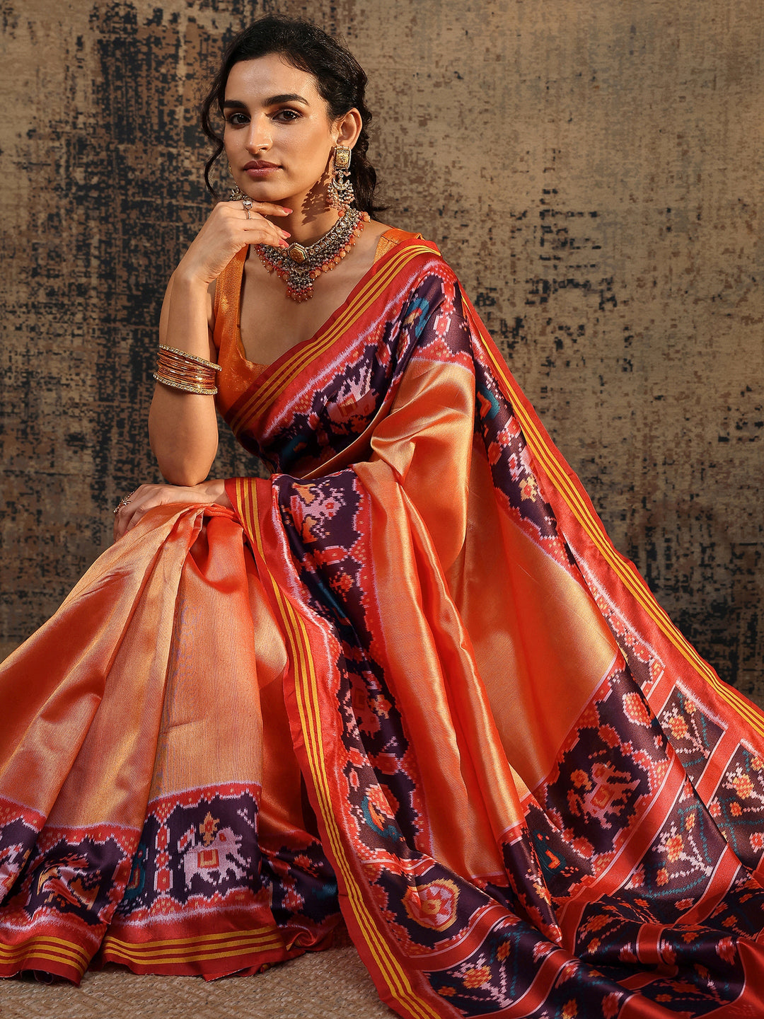  Orange Ikat Solid Silk Saree With Unstitched Blouse Piece 