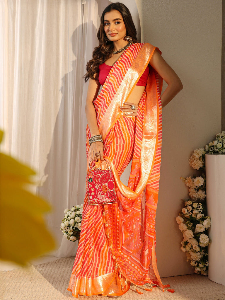 Libas Orange Leheriya Printed Chiffon Saree With Unstitched Blouse Piece
