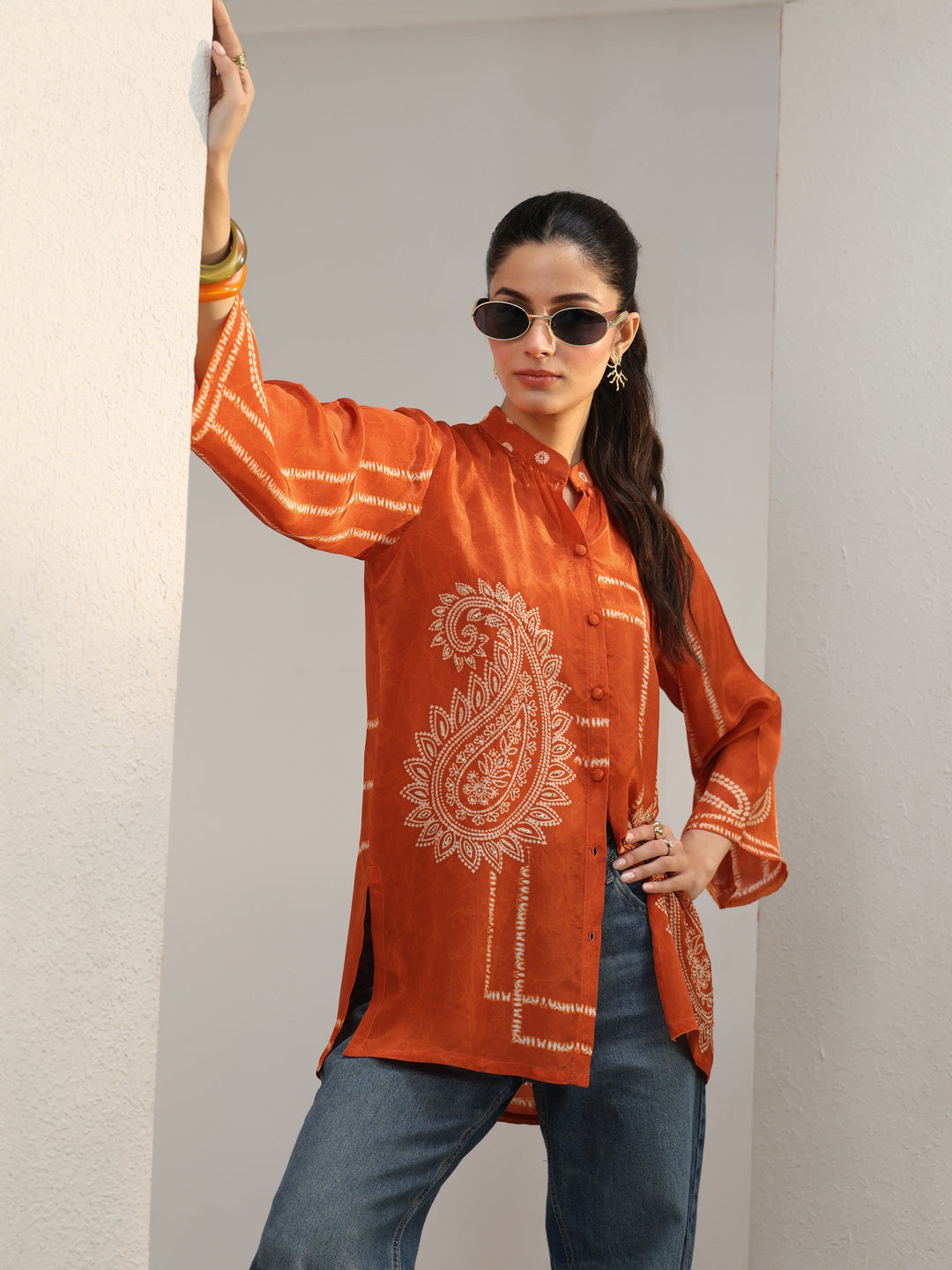  Orange Paisley Printed Crepe Shirt 