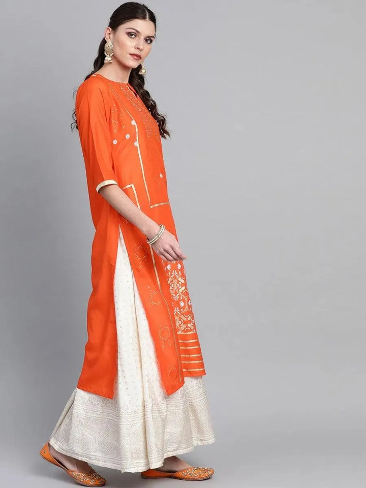 Orange Printed Chanderi Kurta - Libas