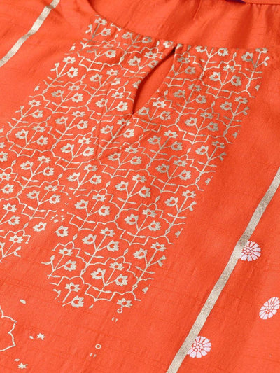 Orange Printed Chanderi Kurta - Libas