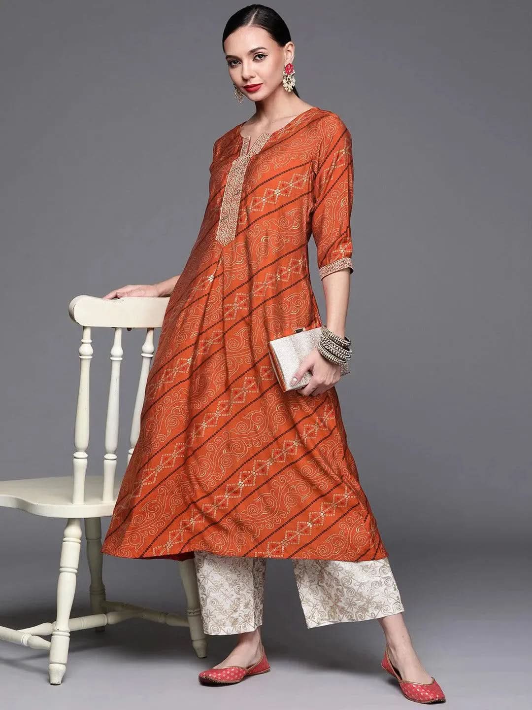 Orange Printed Chanderi Silk Kurta - Libas 