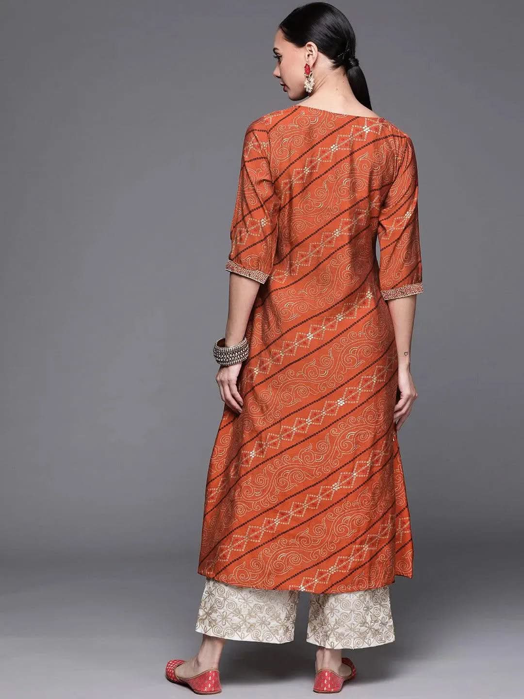 Orange Printed Chanderi Silk Kurta - Libas 