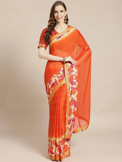 Orange Printed Chiffon Saree - Libas