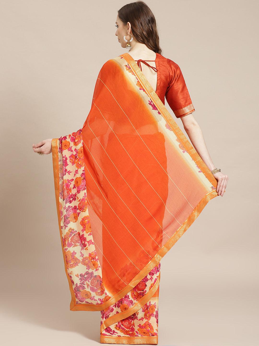 Orange Printed Chiffon Saree - Libas