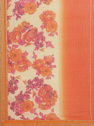 Orange Printed Chiffon Saree - Libas