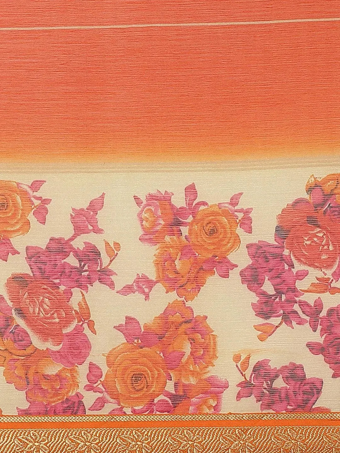 Orange Printed Chiffon Saree - Libas