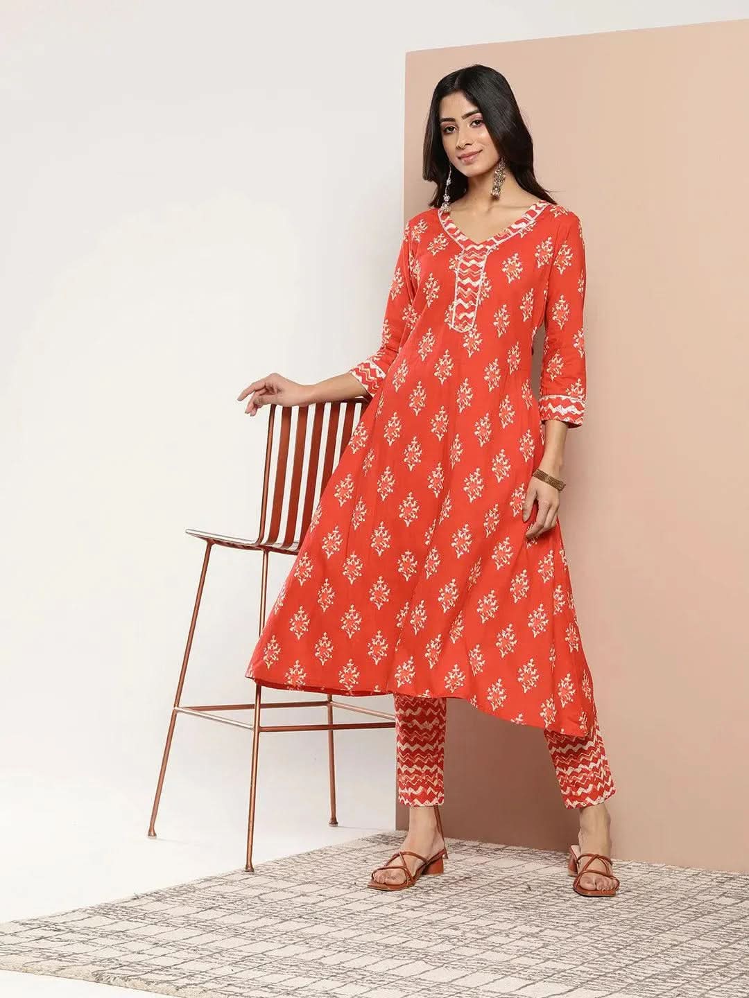 Orange Printed Cotton A-Line Kurta - Libas 