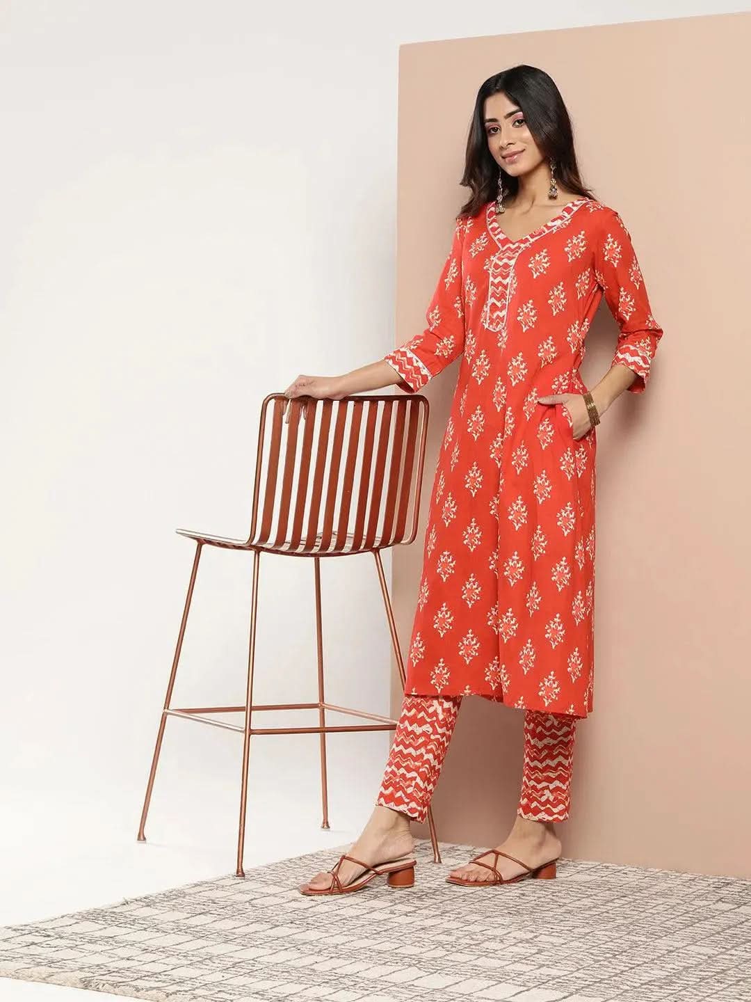 Orange Printed Cotton A-Line Kurta - Libas 