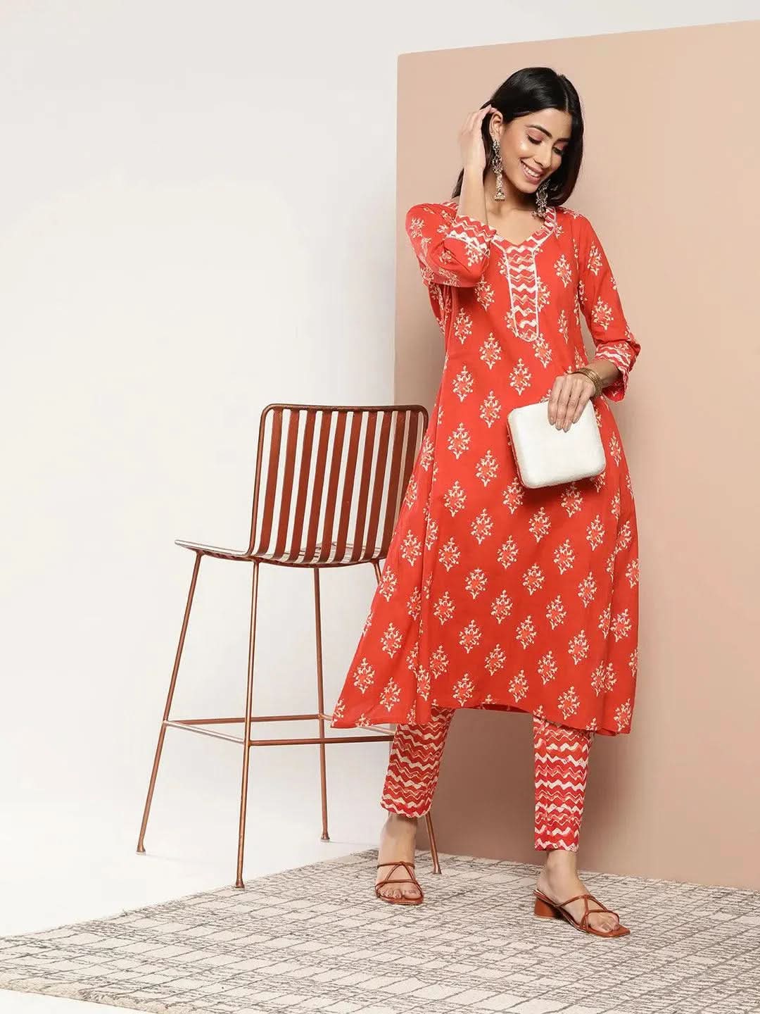 

Orange Printed Cotton A-Line Kurta