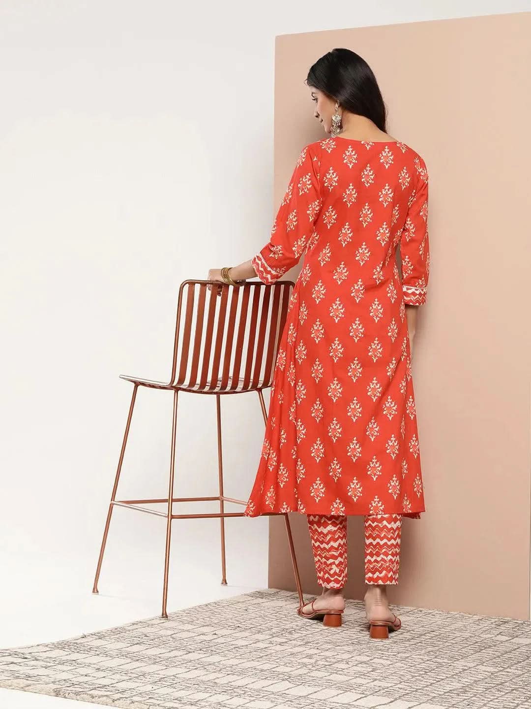 Orange Printed Cotton A-Line Kurta - Libas 
