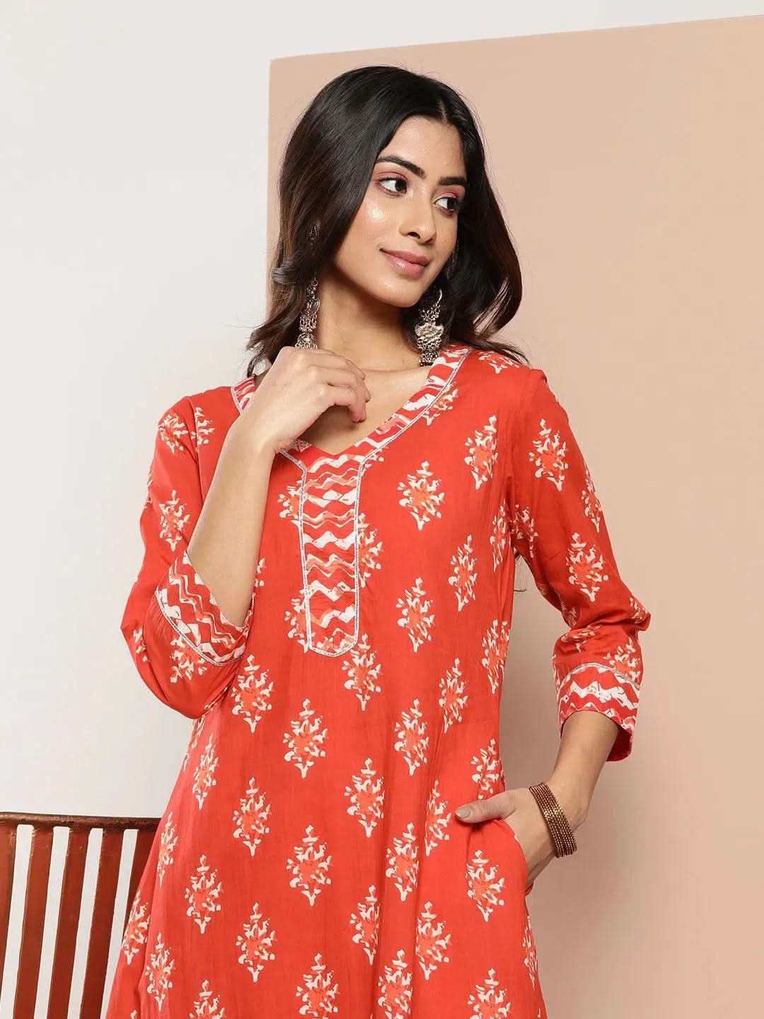 Orange Printed Cotton A-Line Kurta - Libas 