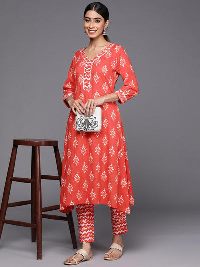 Orange Printed Cotton A-Line Kurta Set With Trousers - Libas