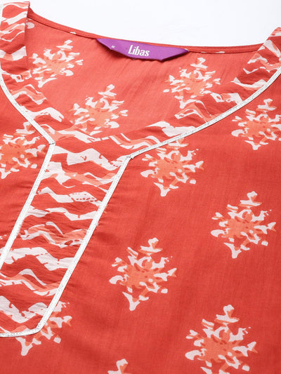 Orange Printed Cotton A-Line Kurta Set With Trousers - Libas