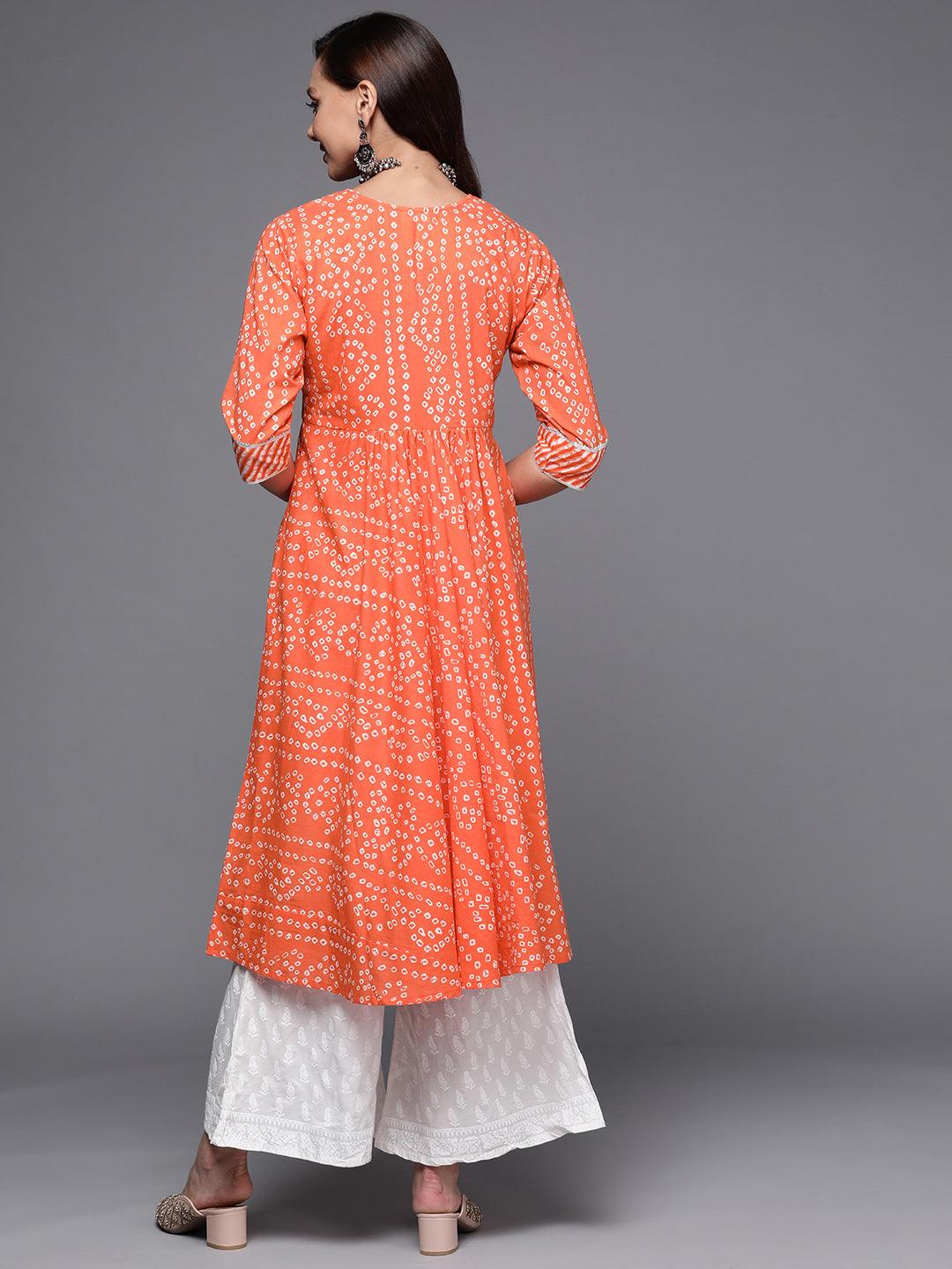 Orange Printed Cotton Anarkali Kurta - Libas