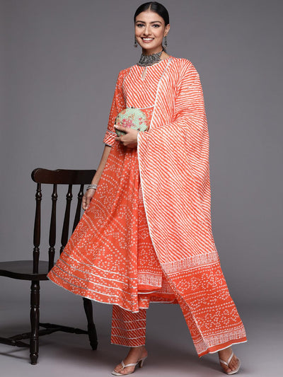 Orange Printed Cotton Anarkali Suit Set - Libas