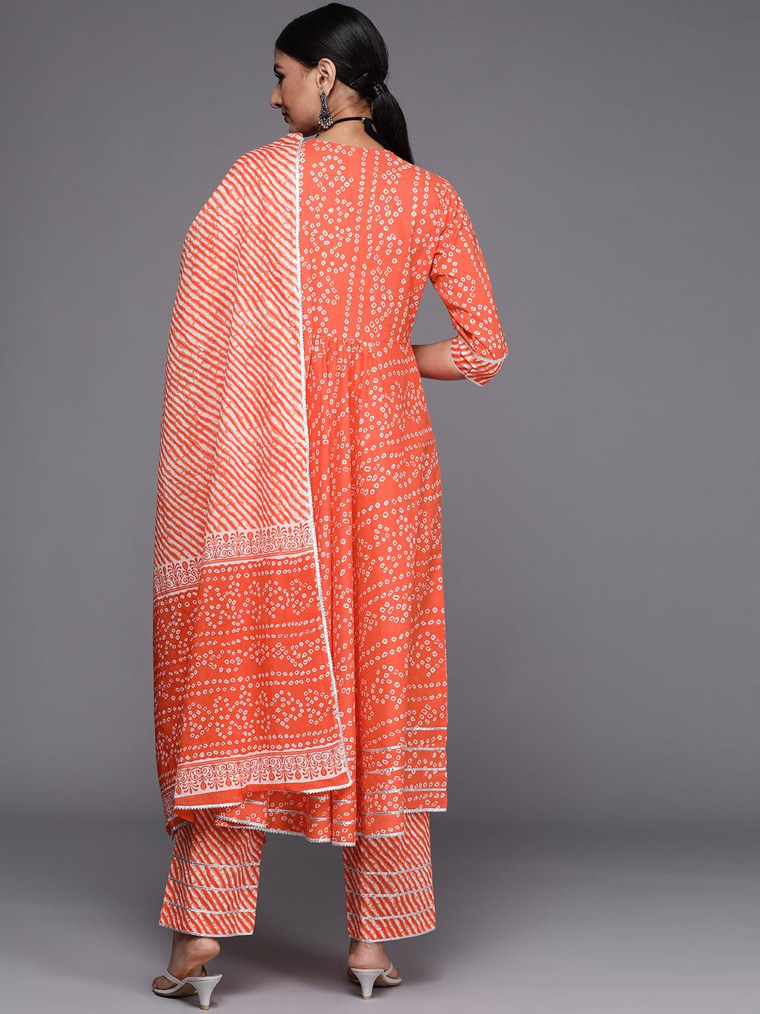 Orange Printed Cotton Anarkali Suit Set - Libas