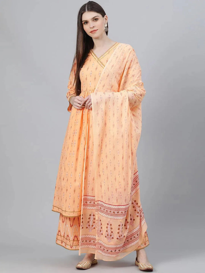 Orange Printed Cotton Suit Set - Libas